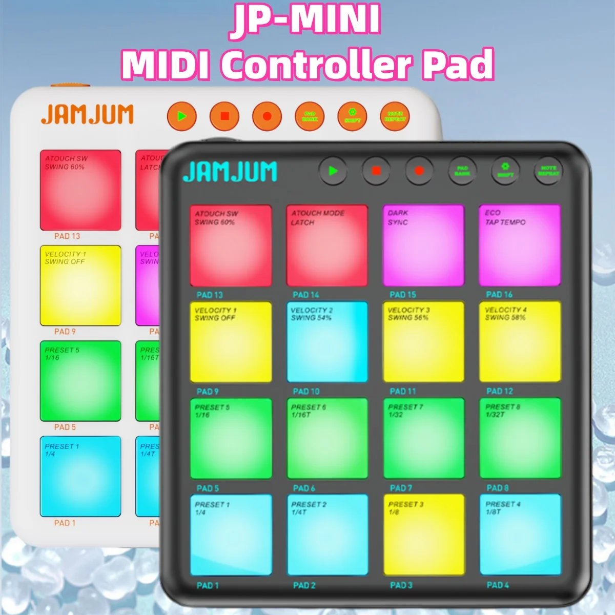 

Беспроводной MIDI-контроллер JAMJUM JP-MINI/Bluetooth/16 RGB-пэдов/питание от батареи/4 кривых скорости/сенсорный контроль нажатия пэда
