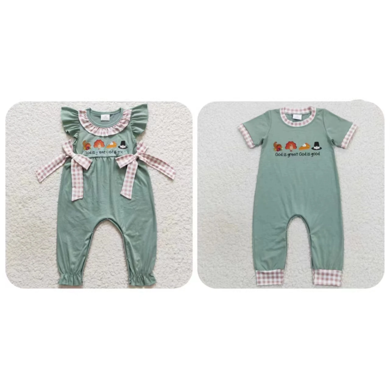 Children One-piece Kids Thanksgiving turkey Pie Green Cotton Romper Newborn Matching Boy Girl Short Sleeves Toddler Jumpsuit