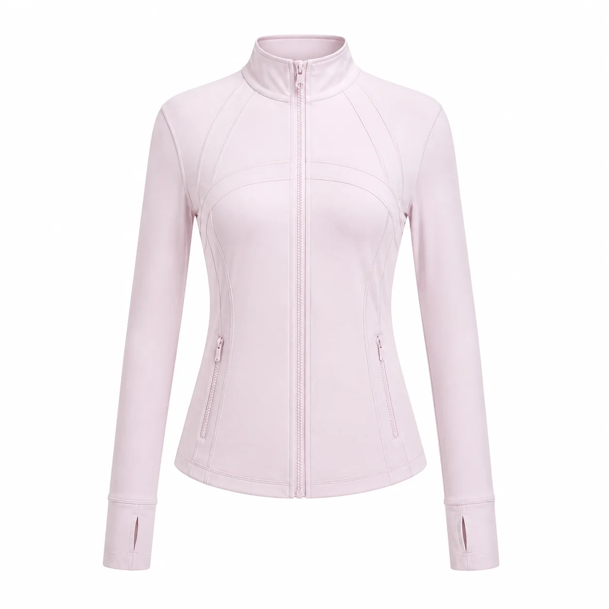 Women's Light Pink Slim Fit Full Zip Sports Jacket Stand Collar Long Sleeve Running Yoga Workout Outerwear Style P026