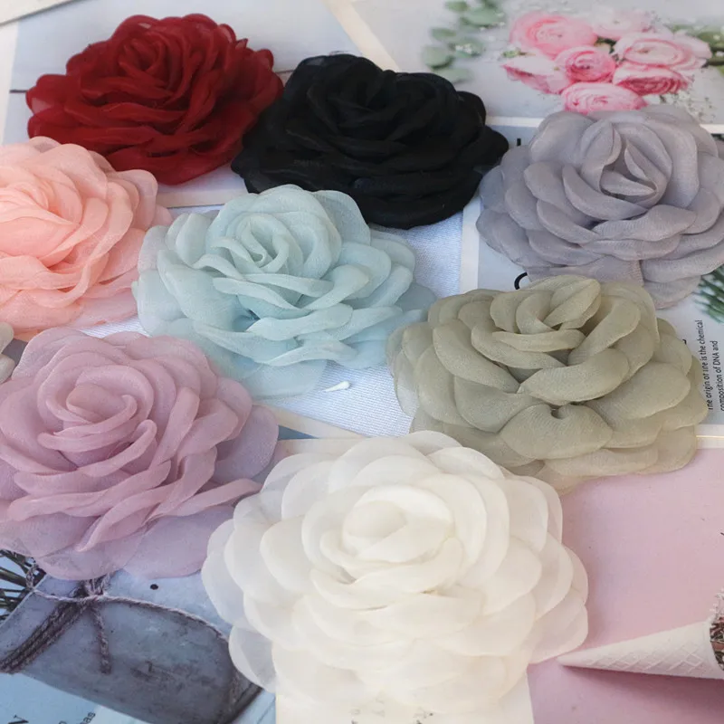 5Pcs 8CM Organza Artificial Flower Head Fake Rose Flowers For Home Decor Wedding Party Hats Hair Decoration Bride Accessories