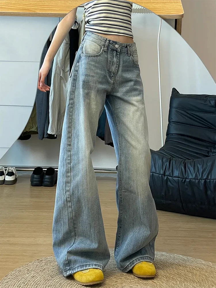 

High Waist Wide Leg Denim Jeans Women's Vintage High Waist Loose Slimming Straight Floor-Length Pants American Washed Bamboo ...