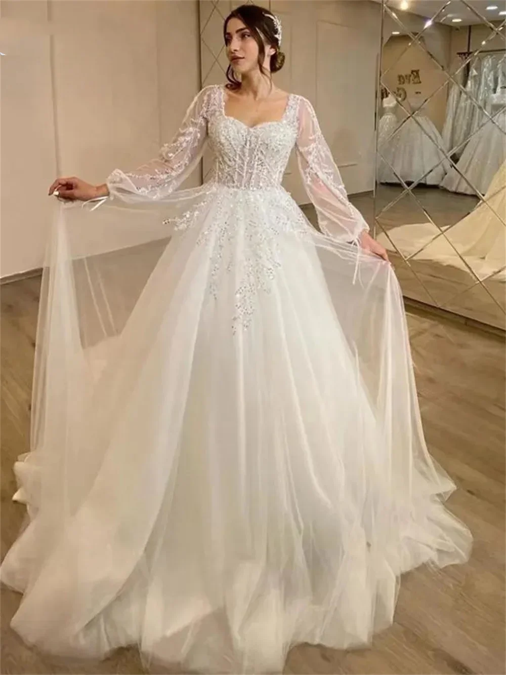 En Zhu Simple encaje A-Line Vestidos De Novia 2025 de manga larga tul apliques Vestidos De Novia hasta el suelo Vestidos De Novia