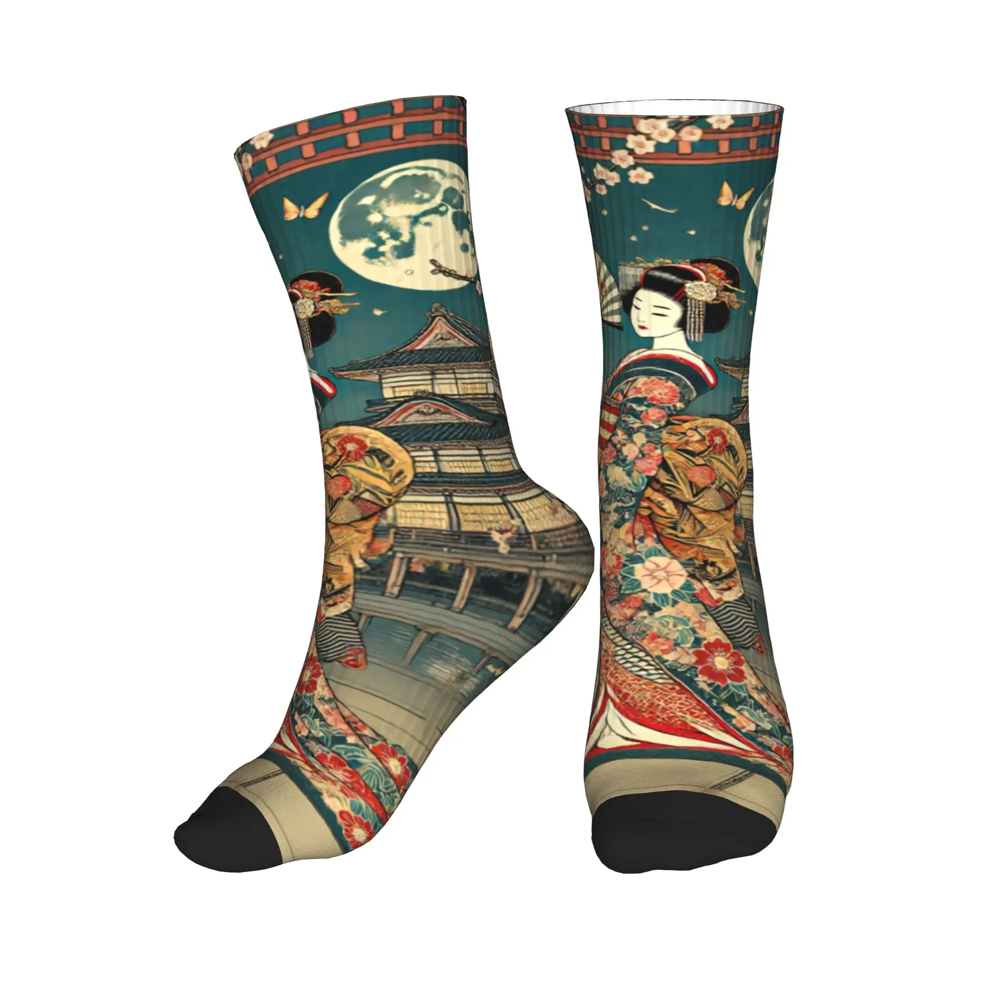 Kawaii Three Kimono Ladies Moon Sakura Ukiyo-e Oriental Fantasy  Socks Women Men Warm 3D Printing  Sports Basketball Socks