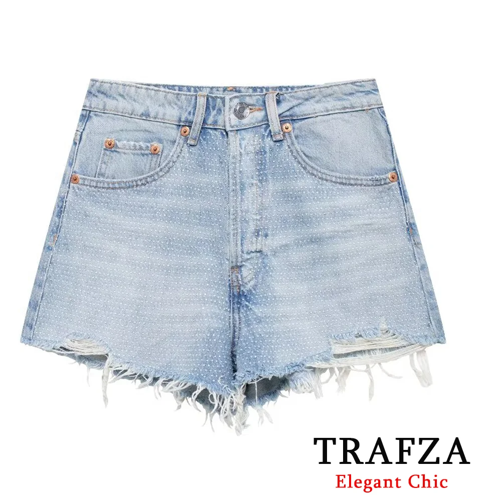 

TRAFZA Casual High-waisted Denim Shorts Women's Rhinestone Polka Dot Shorts New 2024 Summer Fashion High-Street Denim Short