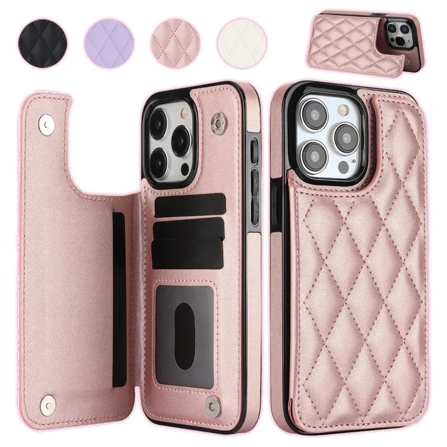 Card Slot Flip Leather Case For iPhone 16 15 Pro Max 14 13 12 11 X XS XR 8 7 Plus Wallet Double Button Small Fragrant Wind