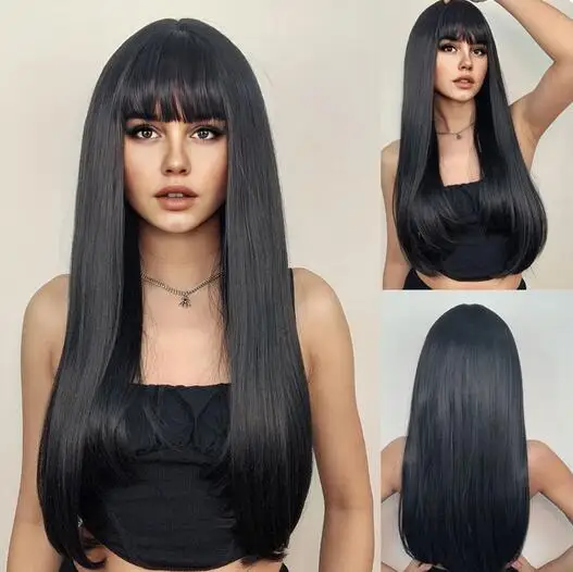 Best-selling fashion women's long straight hair with bangs high temperature silk mechanism synthetic fiber full head wig