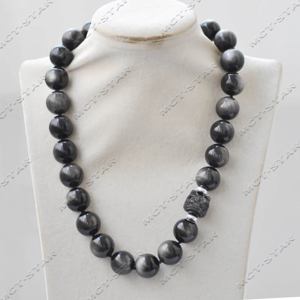 MTC·STAR Natural 18'' 16mm Silver-Eye Obsidian Handmade Lion's-head Totem Necklace (Z14052)