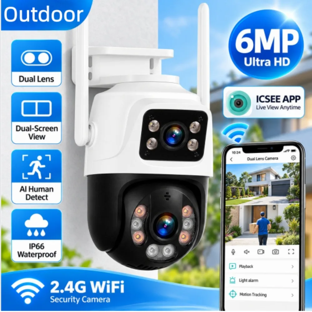 6MP WiFi Camera Outdoor Home Security Dual Lens Human Detect Dual Screen Full Color Night Vision Sound Light Alarm Surveillance
