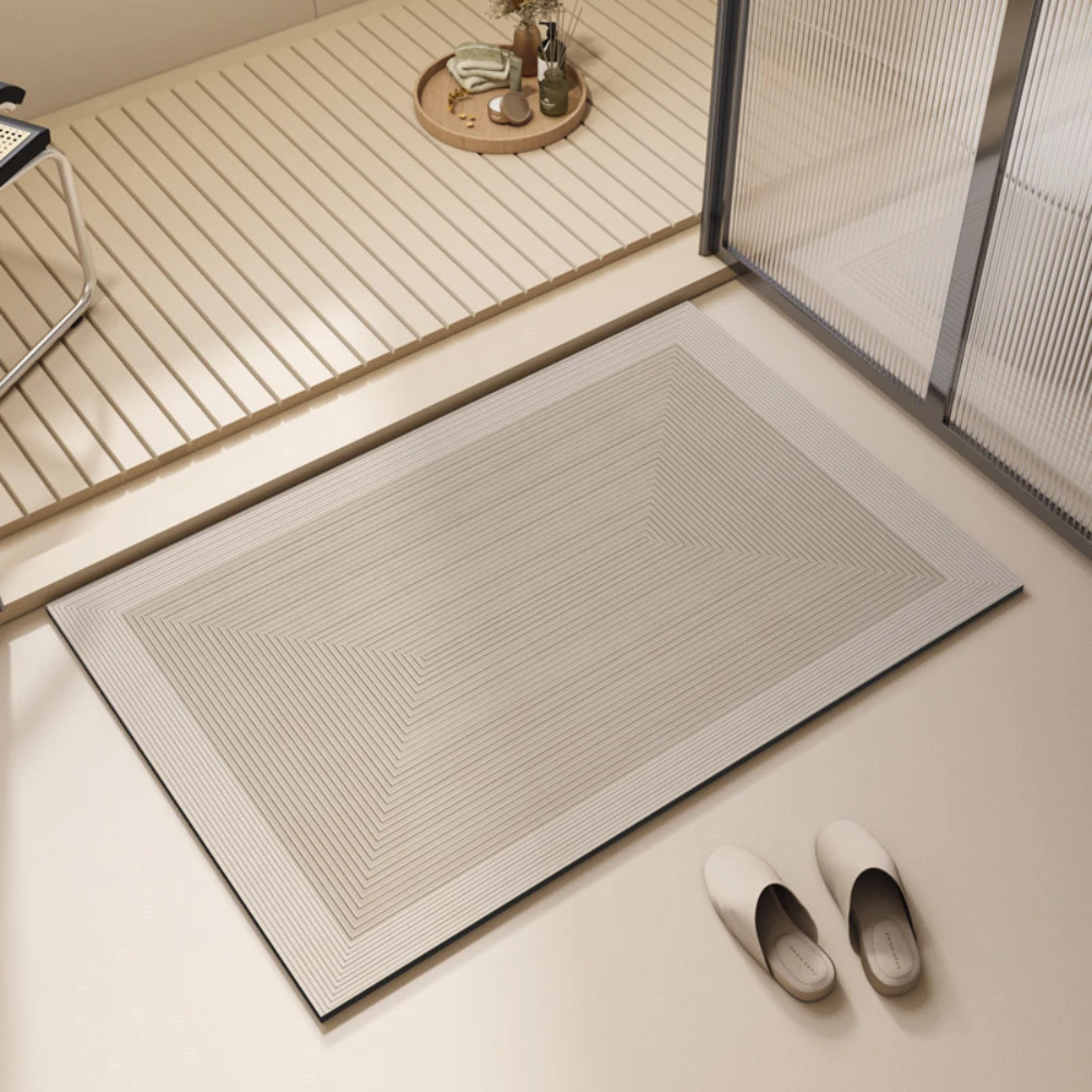 Nested Concentric Line Print Bath Mat Quick Dry Entry Rug Recessed Stripe Neutral Minimal For Home Shower Room Pad