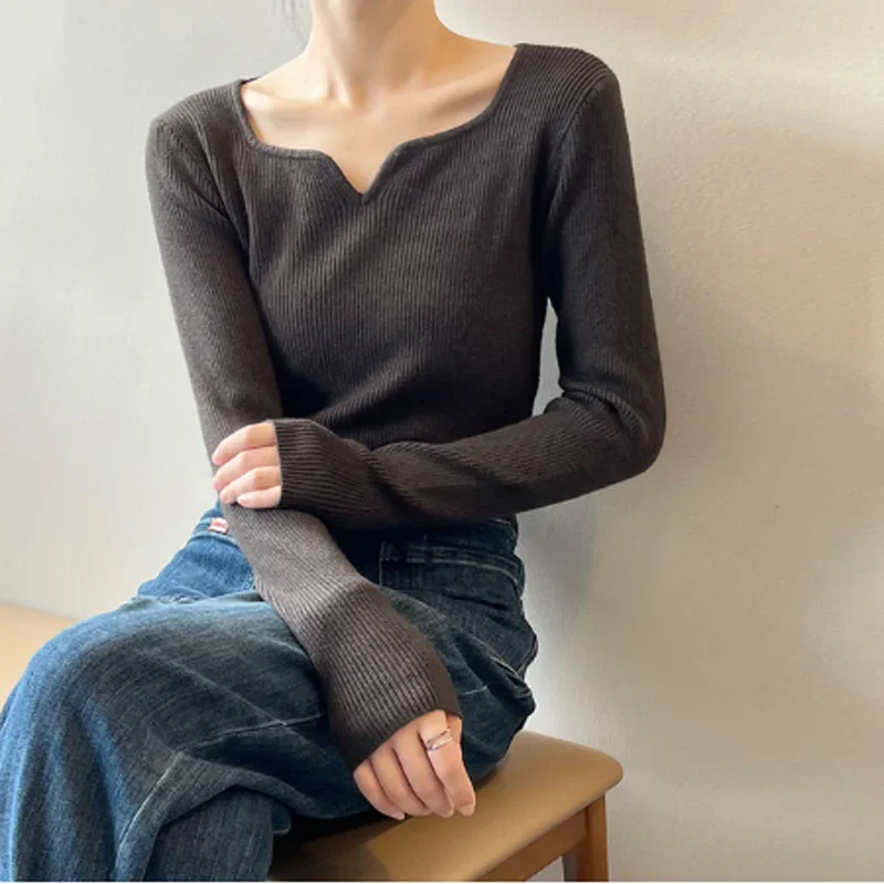 TPJB Spring New Casual Women Sweaters Simple Knitting Elasticity Tops Solid Color V-neck All Match Loose Render Female Pullovers