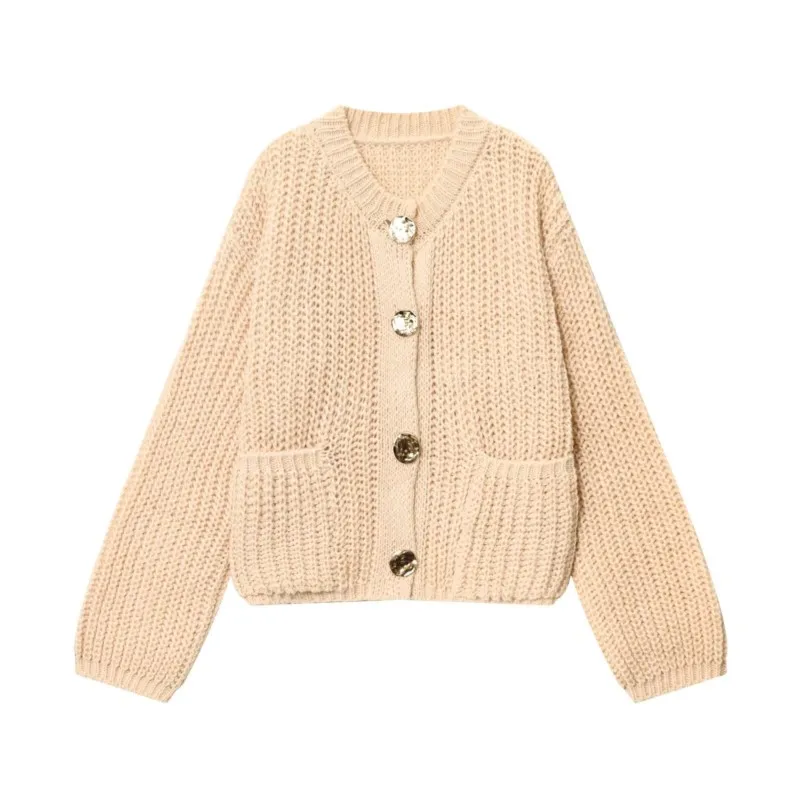 

Women O Neck Cardigan with Button Pocket Autumn Long Sleeve Knit Women's Plain Top Elastic Female Sweater Lady Tops