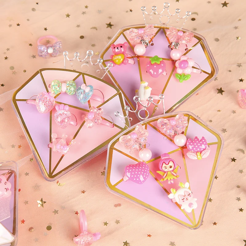 6Pcs Girls Jewelry Princess Dress Up Set - Girls diamond Shiny Cartoon Rings Toys - Perfect Birthday Party Accessories and Chil