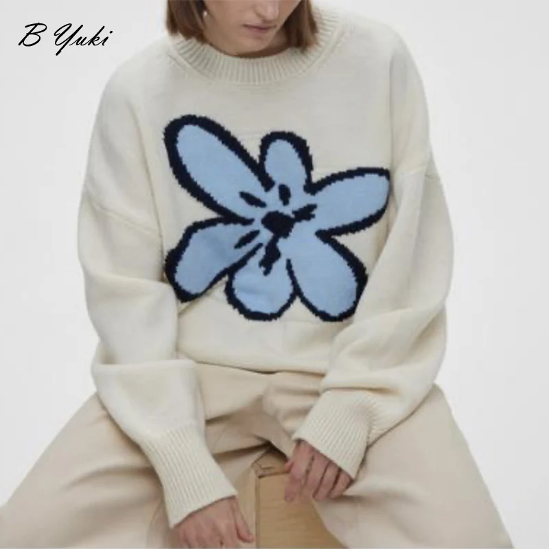 Blessyuki Oversized Cashmere Knitted Pullover Sweater Women 2023 Autumn Winter Thicken Warm Flower Print Sweaters Female Jumper