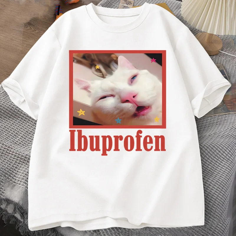 Ibuprofen Cat Meme Tshirt Funny Cat Graphic Tee Cute Cat Lover Cotton T-Shirt Casual Funny T Shirts Unisex Oversized Tshirt Tee