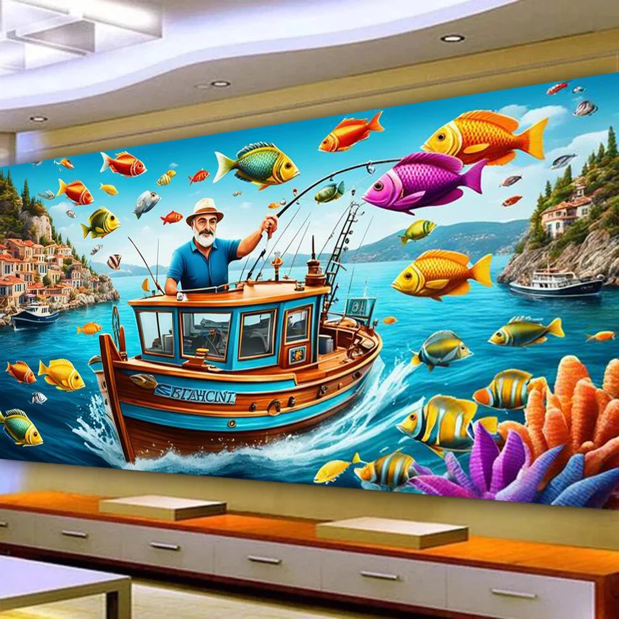 Men Fishing Picture Large Size Diy Diamond Art Painting Sea Animal Full Square Round Drill Mosaic Embroidery Kits Wall Decor