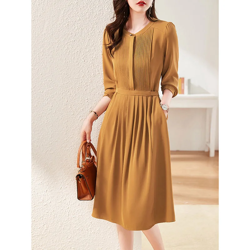 Elegante vestido Midi emendado com decote em O feminino, vestido bandagem solto, dobra-laço, manga comprida, vestidos casuais monocromáticos, roupas