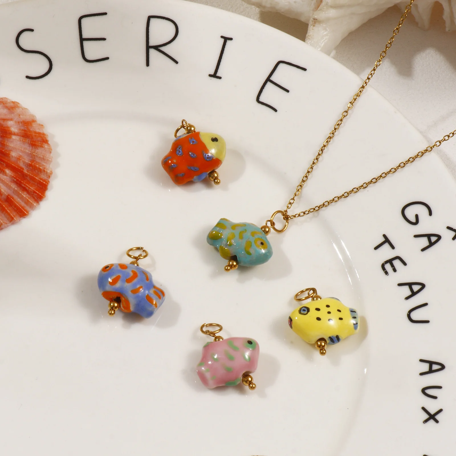 1pc Stainless Steel Charms Multicolor Ceramic Ocean  Fish Animal Painted Pendant For Women DIY Necklace Jewelry Gift 25mm x 18mm