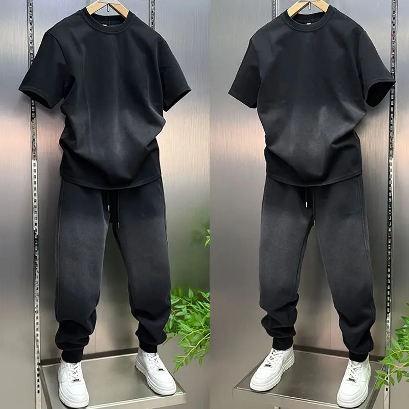 

Summer adient Sports Casual ort Sve Set Men's Korean Faion Thin All-Match round Ne Top Long Pants Two-Piece Set