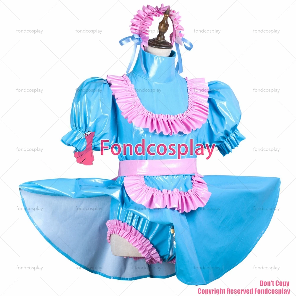 fondcosplay adult sexy cross dressing sissy maid baby blue thin pvc dress lockable panties jumpsuits rompers CD/TV[G3715]