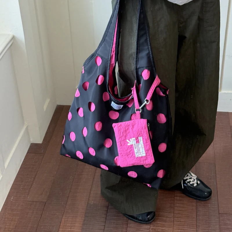 Polka Dot Schultertasche mit passender Handtasche, Damen-Handtasche im Colorblock-Design, leichte, lässige, vielseitige Pendler-Tragetasche – Detail 9