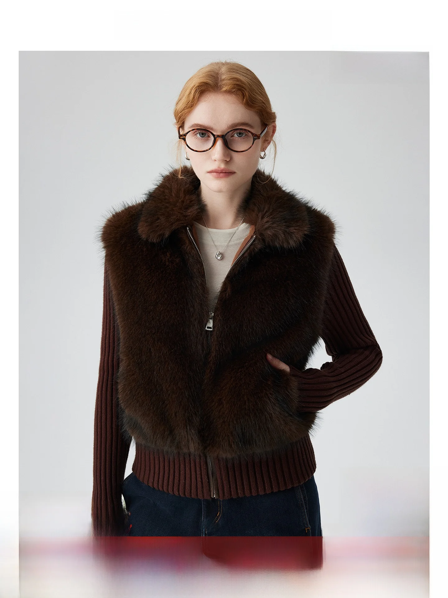 

Brown Vintage Spliced Knitted Sweater Eco-friendly Fur Jaet Women Winter Elegance Ladylike Furry Top Commute Sle Straight...