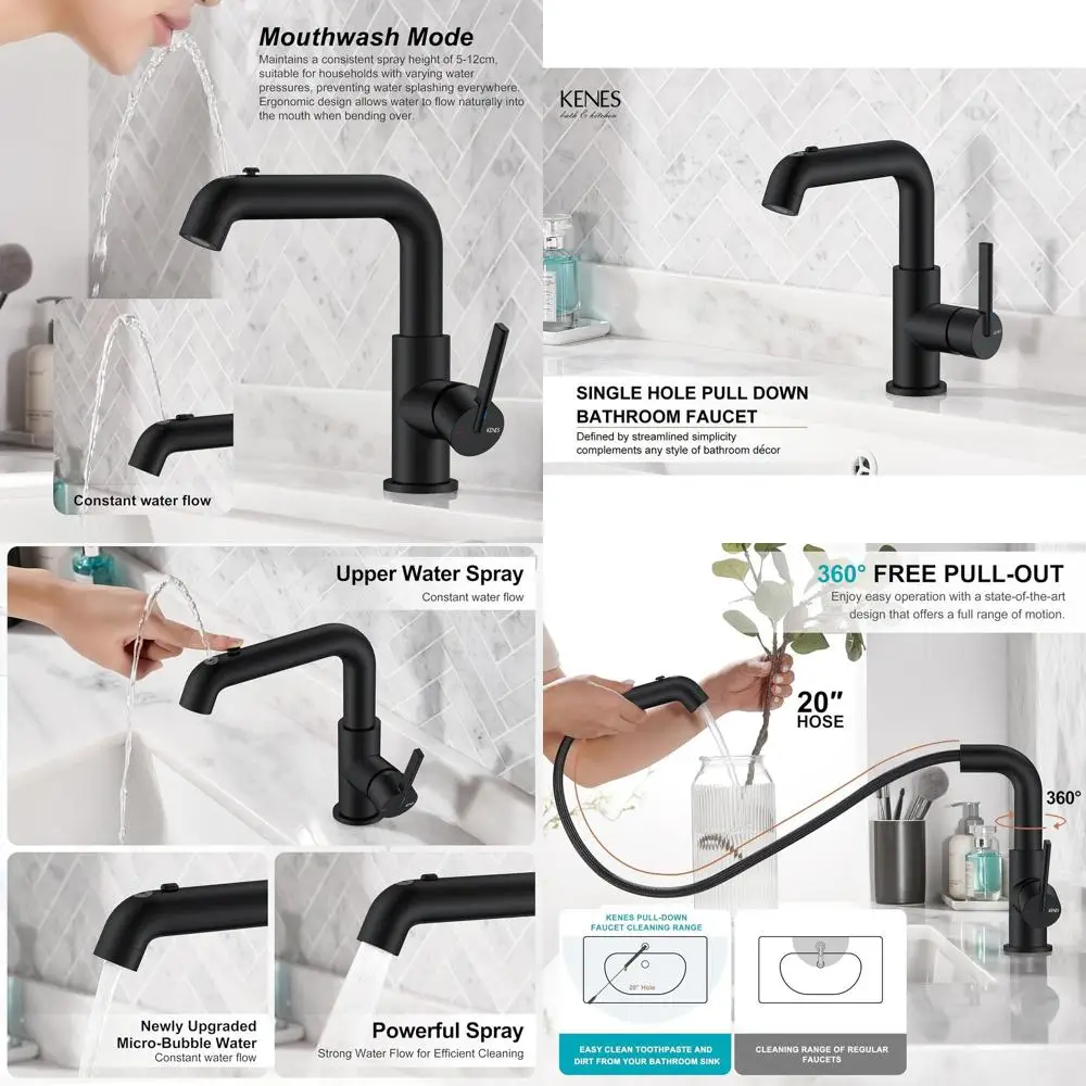 

Single Handle Matte Black Bathroom Sink Faucet with Pull-Out Spray, Vanity Bar Faucet Kit with Pop-Up Drain and Supply Lines, Mo