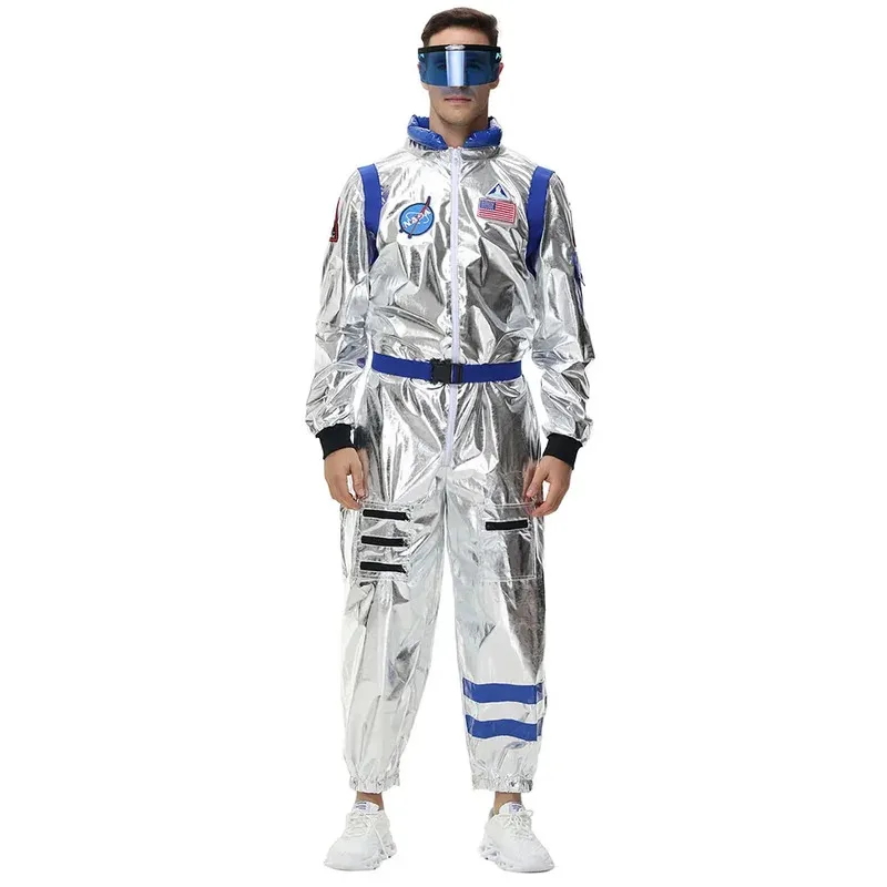 

Adult Silver Astronaut Costume Men Women Spaceman Suit Space Jumpsuit Halloween Cosplay Party Dress Up