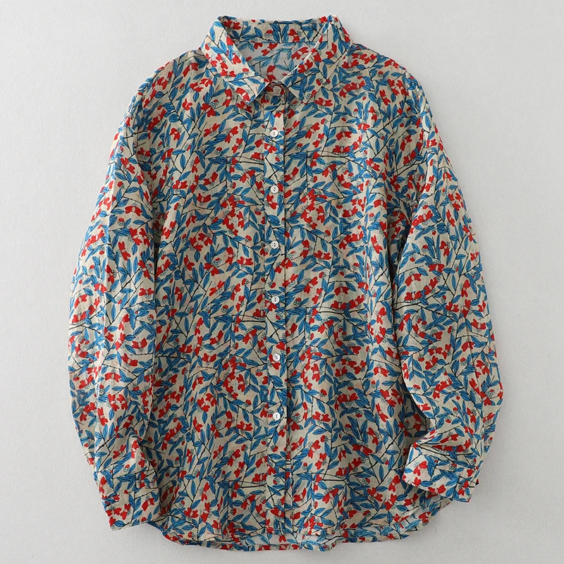 Blue Leaf Floral Print Long Sleeve Women's Shirt Versatile High Quality Artistic Style Cotton Blend Business Casual Fashion