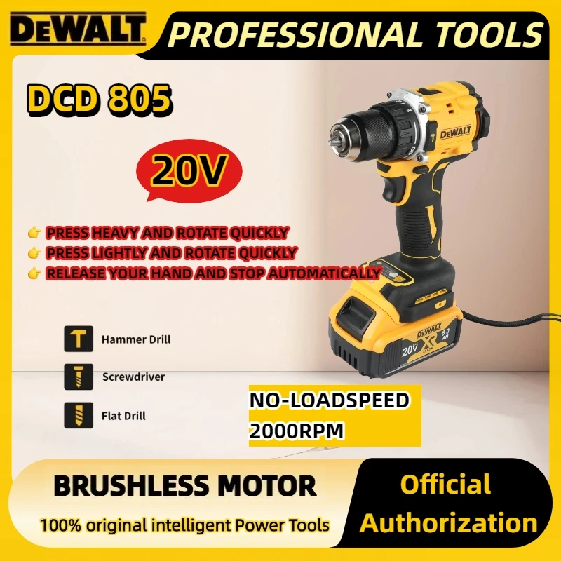 DeWALT DCD805 borstelloze compacte elektrische schroevendraaier lithiumbatterij 20V oplaadbare intelligente elektrische gereedschappen handboormachine