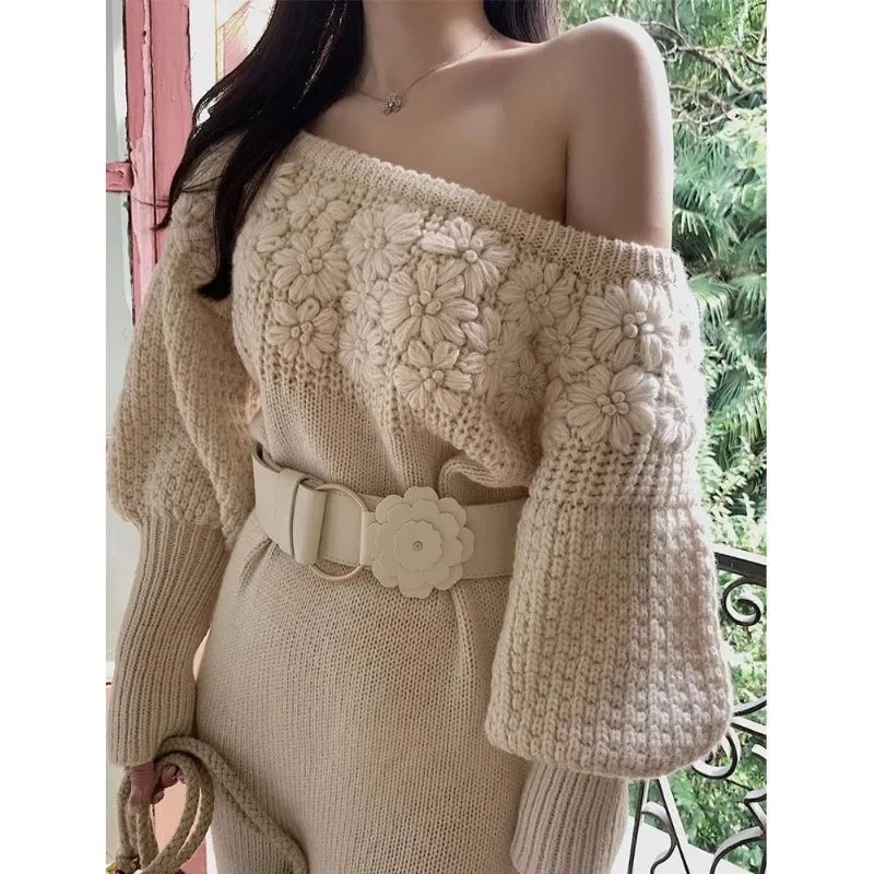 Shpmishal 2025 موضة الخريف ثلاثية الأبعاد هوك زهرة عالية الشق قبالة الكتف فستان طويل قصير متماسكة سترة الملابس النسائية