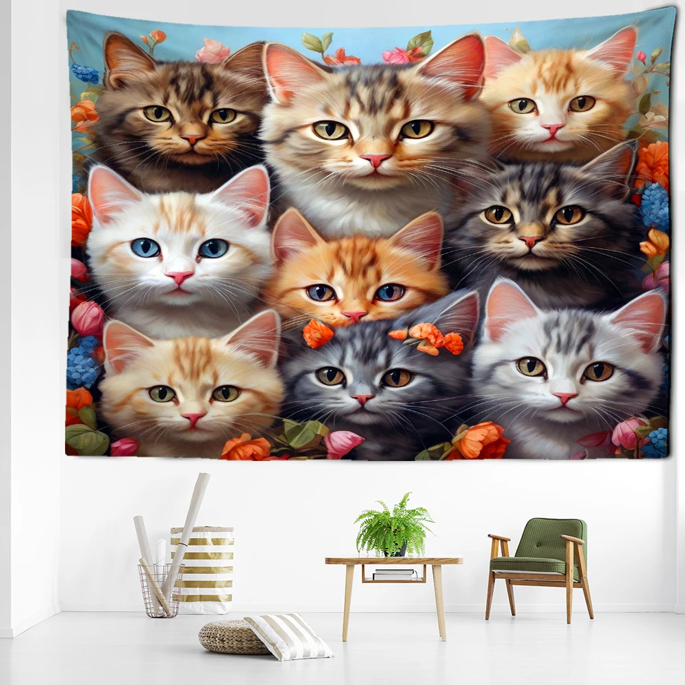 Cartoon Colored Cat Tapestry Wall Hanging Minimalist Art Kawaii Hippie Tapitz Dormitory Living Room Home Decor