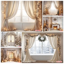 Photography Background Christmas Winter Fireplace Window Curtain Xmas Kids Family Portrait Decor Backdrop Photo Studio