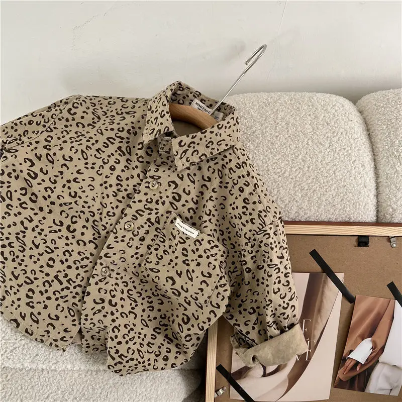 Children\'s Shirt Spring and Autumn New Boys and Girls Leopard Pattern Long sleeved Shirt Baby Korean Shirt Coat