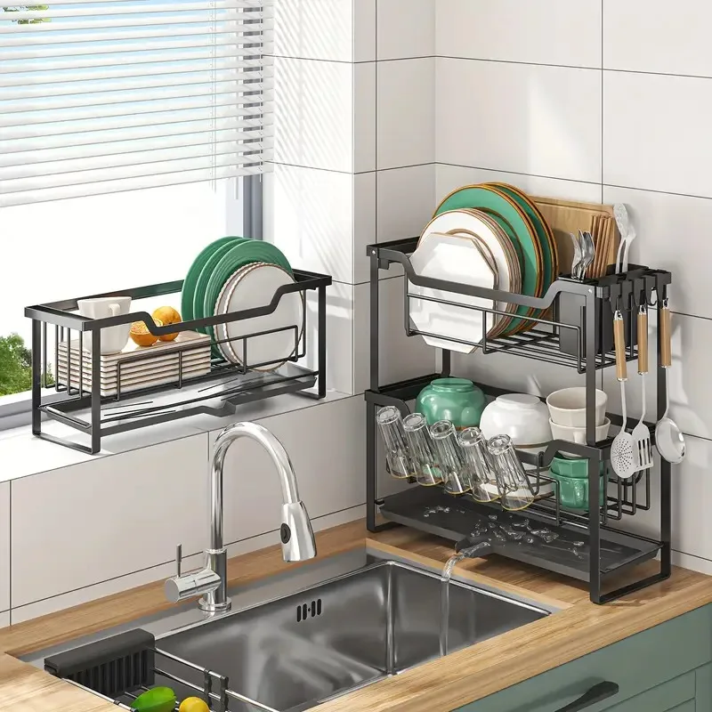 

Dish Rack with Drain Tray, Hooks & Utensil Holder-Multifunctional Kitchen Organizer for Dishes, Cups, Knives, Forks & Chopsticks
