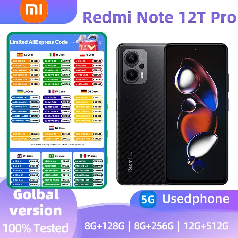 Xiaomi Redmi Note 12T Pro 5G Android 6.6inch Screen CPU MediaTek Dimensity 8200 Ultra 64MP Camera used phone