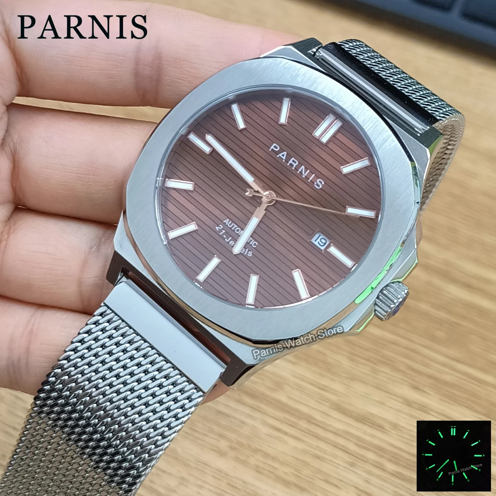 Parnis 42mm Sapphire Crystal Miyota 8215 Automatic Men Mechanical Watch Coffee Dial Luminous Mark 316L Stainless Steel