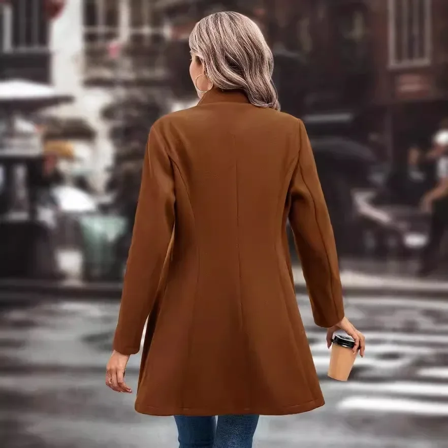 Cardigan Blends Solid Long Sleeve Single Breasted Outerwear Loose Fit Button Turn Down Collar Wool Coats Button Office Lady