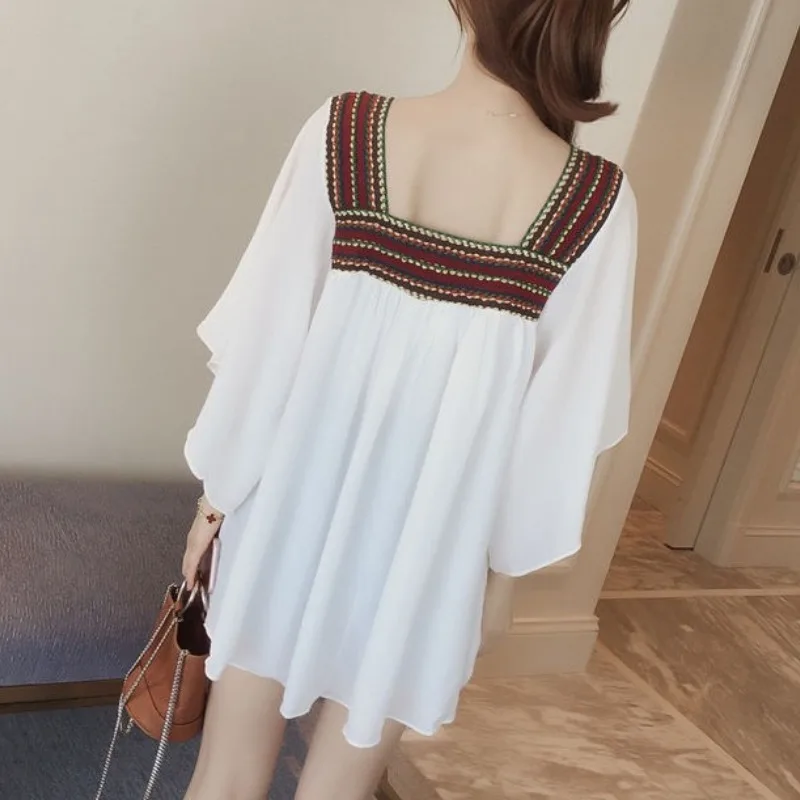 Summer Women\'s Clothing Square Collar Contrast Color Patchwork Pullover Chiffon T-shirt Loose All-match Casual Comfortable Tops