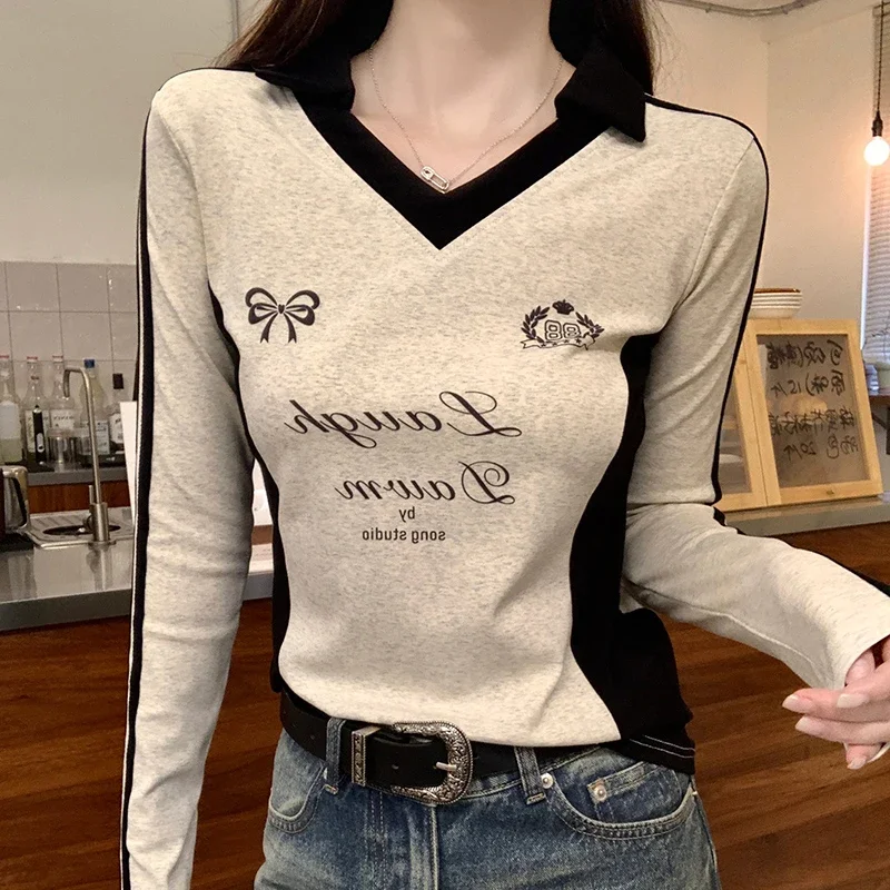 Women Patchwork T Shirt Korean Vintage Casual All Match Slim Long Sleeve Tees Female Fall New Letter Embroidery Striped Top