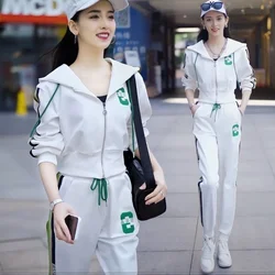 Women's Spring Autumn Hooded Sports Suit 2024 New Popular Fashion Leisure Cotton Zipper Jacket Corp Tops And Pants Two Piece Set