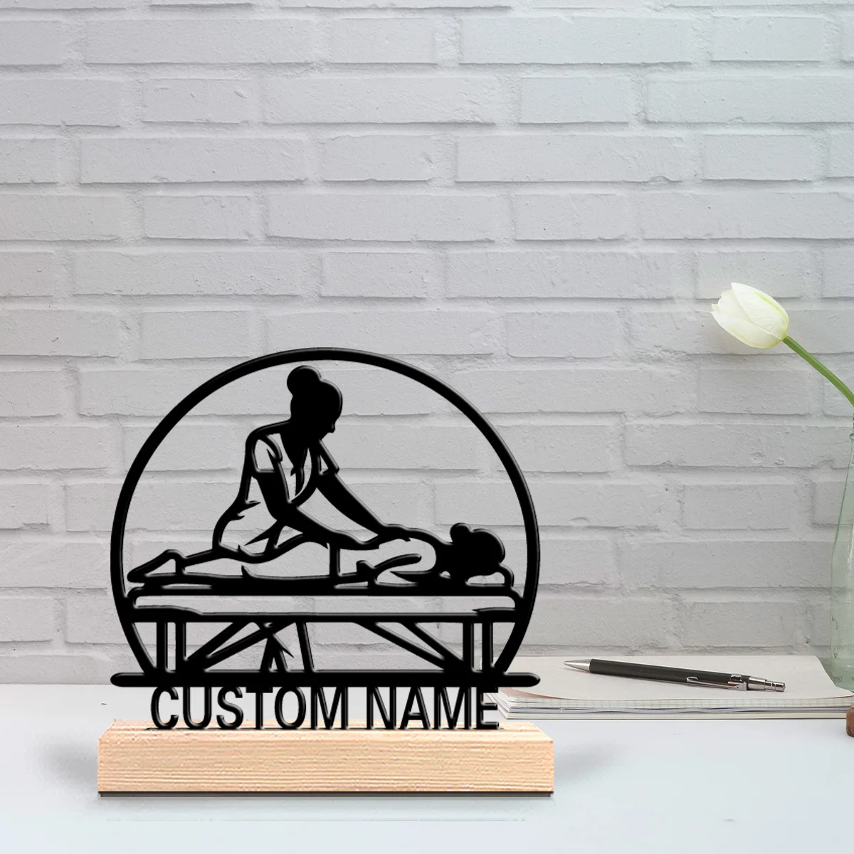 1pc New Design Personalized Custom Masseur Metal Statues With Wooden Base Tabletop Decoration Ideal for Meditation Spaces, Spa,