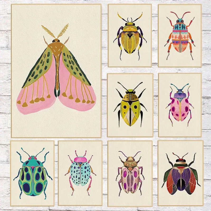 （2D Canvas painting） Colorful Insect Modern Boho Bug Artwork Poster Nature Beetle Butterfly Entomology Canvas Painting Wall A