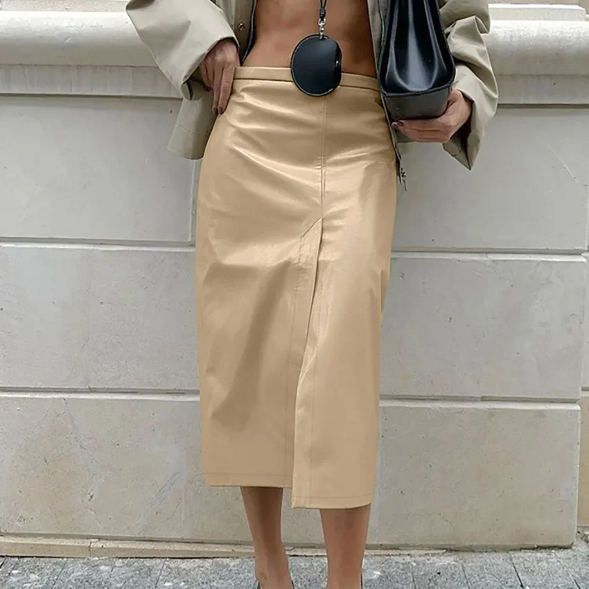 Retro Khaki PU Leather Skirt Autumn And Winter Commuting High Waist Split Straight Skirt Medium And Long Women's Clothing
