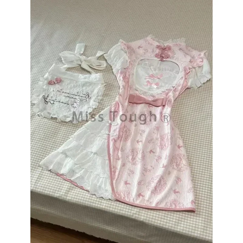 Vestido de manga corta con estampado dulce a la moda para mujer, vestidos de encaje con bonito lazo Vintage para mujer, vestido elegante de verano con volantes y retazos, nuevo