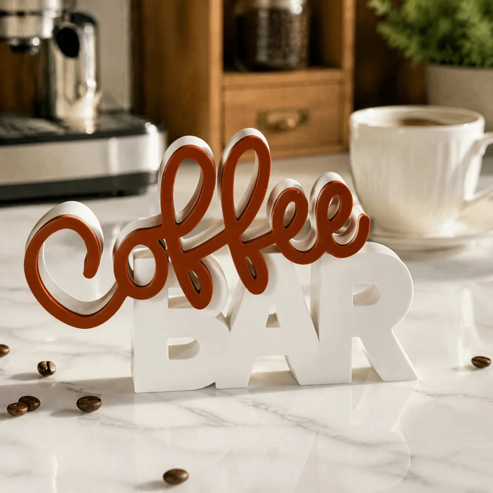 Two-Tone Color Coffee Bar Tabletop Statue Coffee Themed Geometric Lines Home Coffee Nook Decor Plastic Minimalist