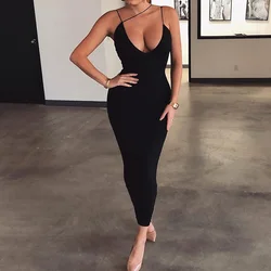 2000s Summer For Women Sexy Dresses Spaghetti Strap Black Long Dress Y2k Sleeveless Solid Skinny Bodycon Maxi Backless Club Wear