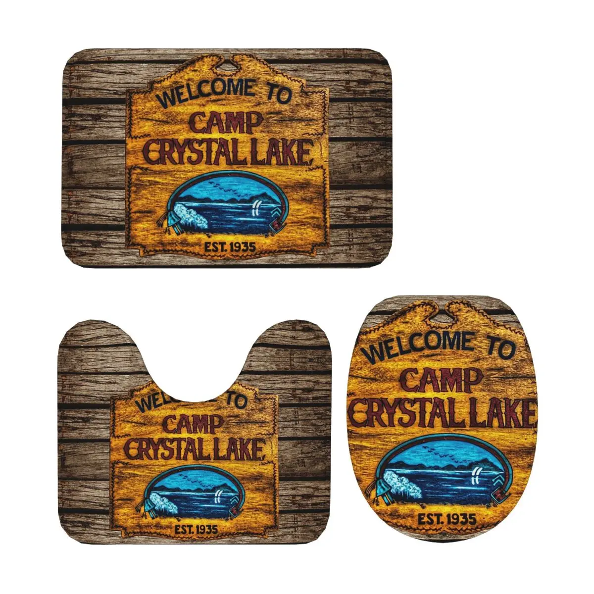 

Коврик для ванной Camp Crystal Lake из 3 предметов, набор для ванной комнаты, крышка для унитаза, домашний декор, нескользящий ковер, напольный коврик