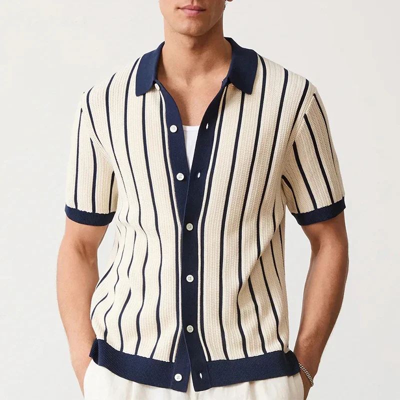 

Роскошные вязаные полосатые рубашки, мужские винтажные рубашки с отложным воротником и пуговицами, с коротким рукавом, мужская вязаная рубашка, лето 2025 г., модный тонкий кардиган