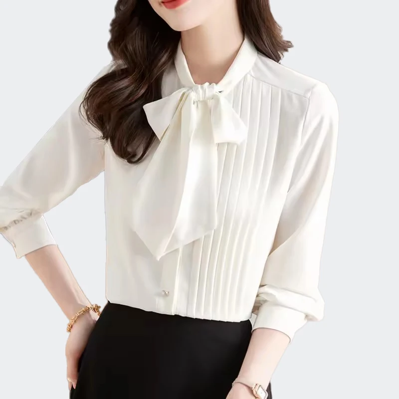 

Элегантные шикарные шифоновые рубашки со складками и бантом, женские офисные женские белые блузки с длинным рукавом, повседневные топы Femme blusas de mujer 2025