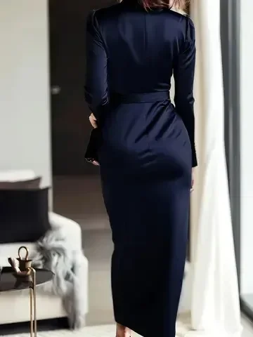 Damen-Wickelkleid mit V-Ausschnitt, Taillenband und langen Ärmeln für formelle Anlässe und Partys – Detail 10
